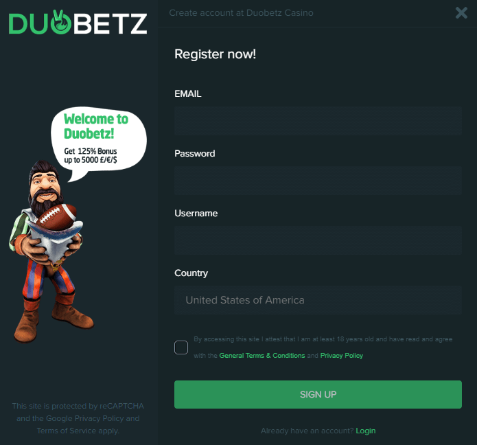 Image of a Sign up on duobetz casino image